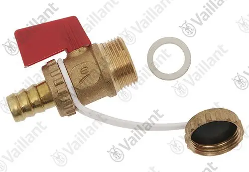 Vaillant Ventil mit rotem Hebel und Kupplung, kombiniert mit einer Dichtung und einem abnehmbaren Deckel. Geeignet für Installationen in Heizungsanlagen.